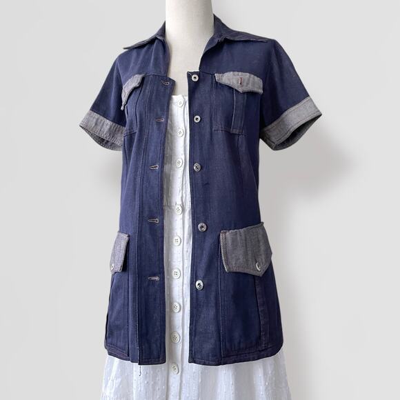 Vintage Utility Denim Jean Jacket Short Sleeve O/S Blue Navy Festival Grunge Y2K - Picture 7 of 10